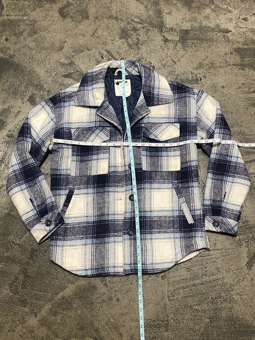 Garage Men's Blue and Cream Plaid Bomber-Style Jacket